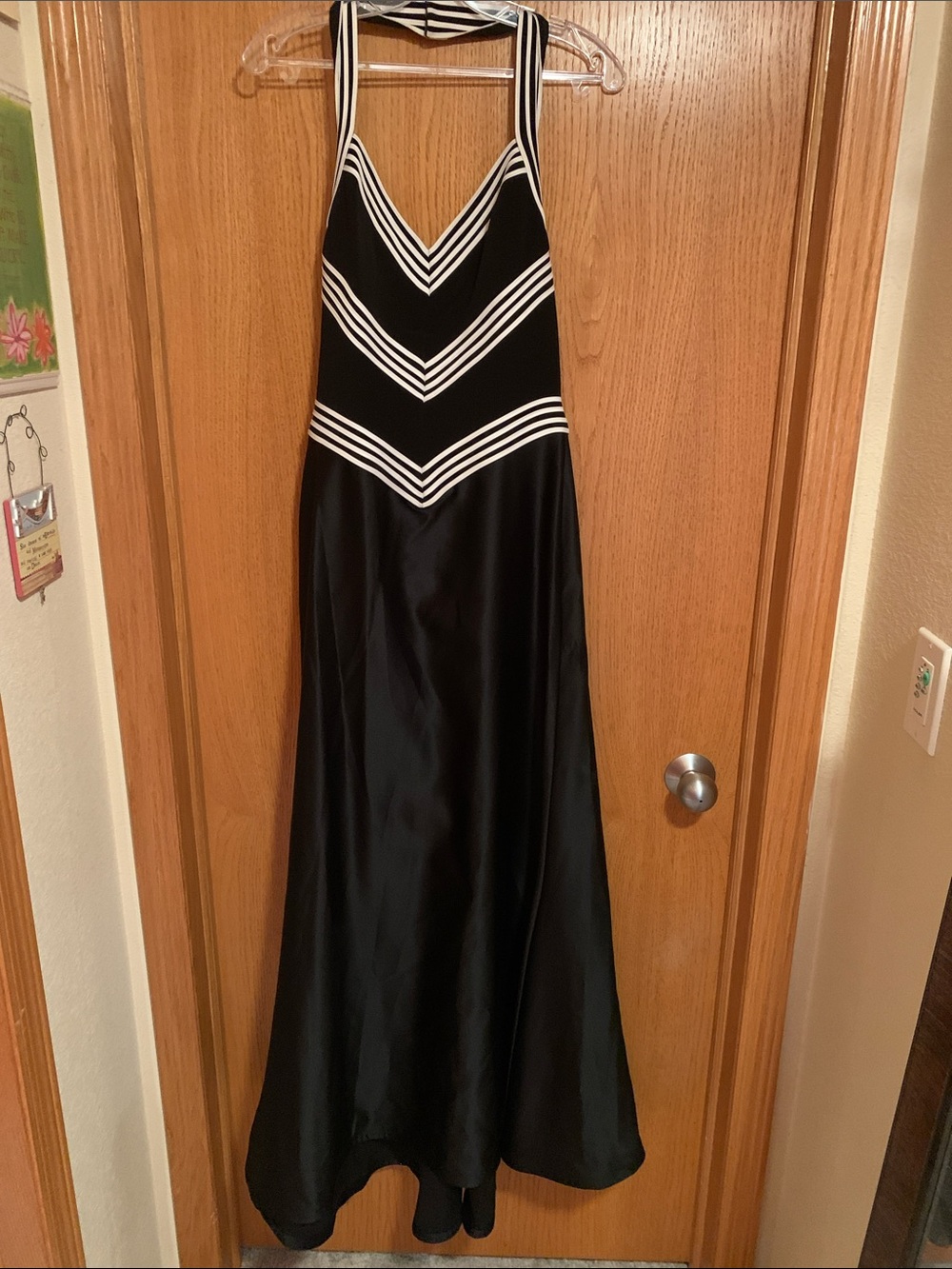 Black Strapless Satin Maxi Dress with White Chevron Accents
